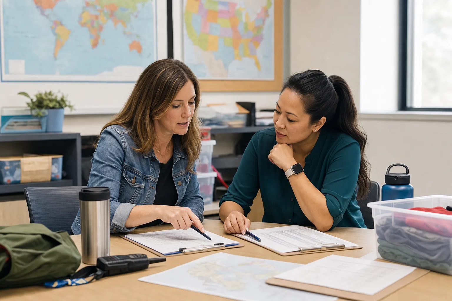 Two school staff members reviewing field trip planning documents together