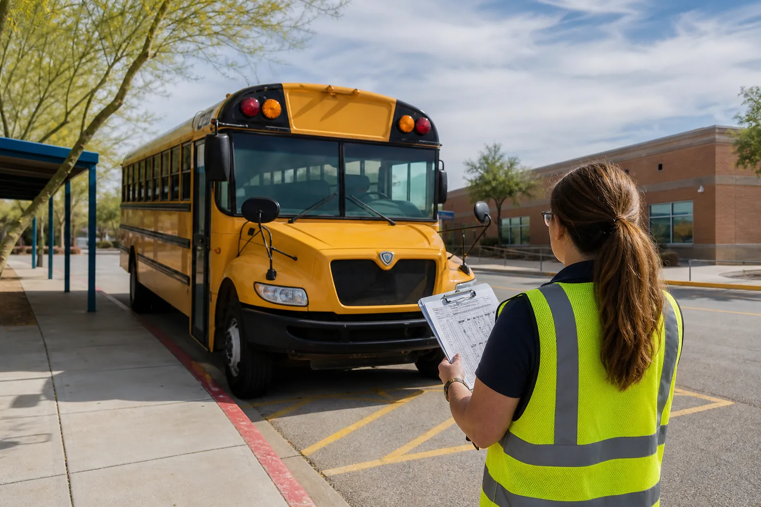 School transportation coordinator reviewing a field trip plan beside a bus