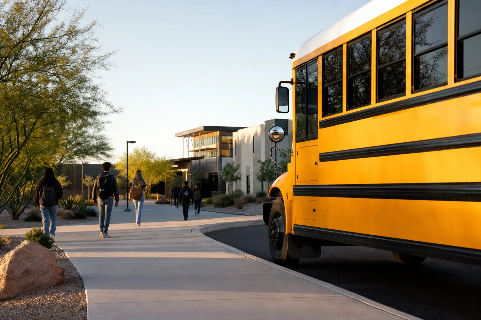 Illustrative yellow school bus arriving at an Arizona school campus