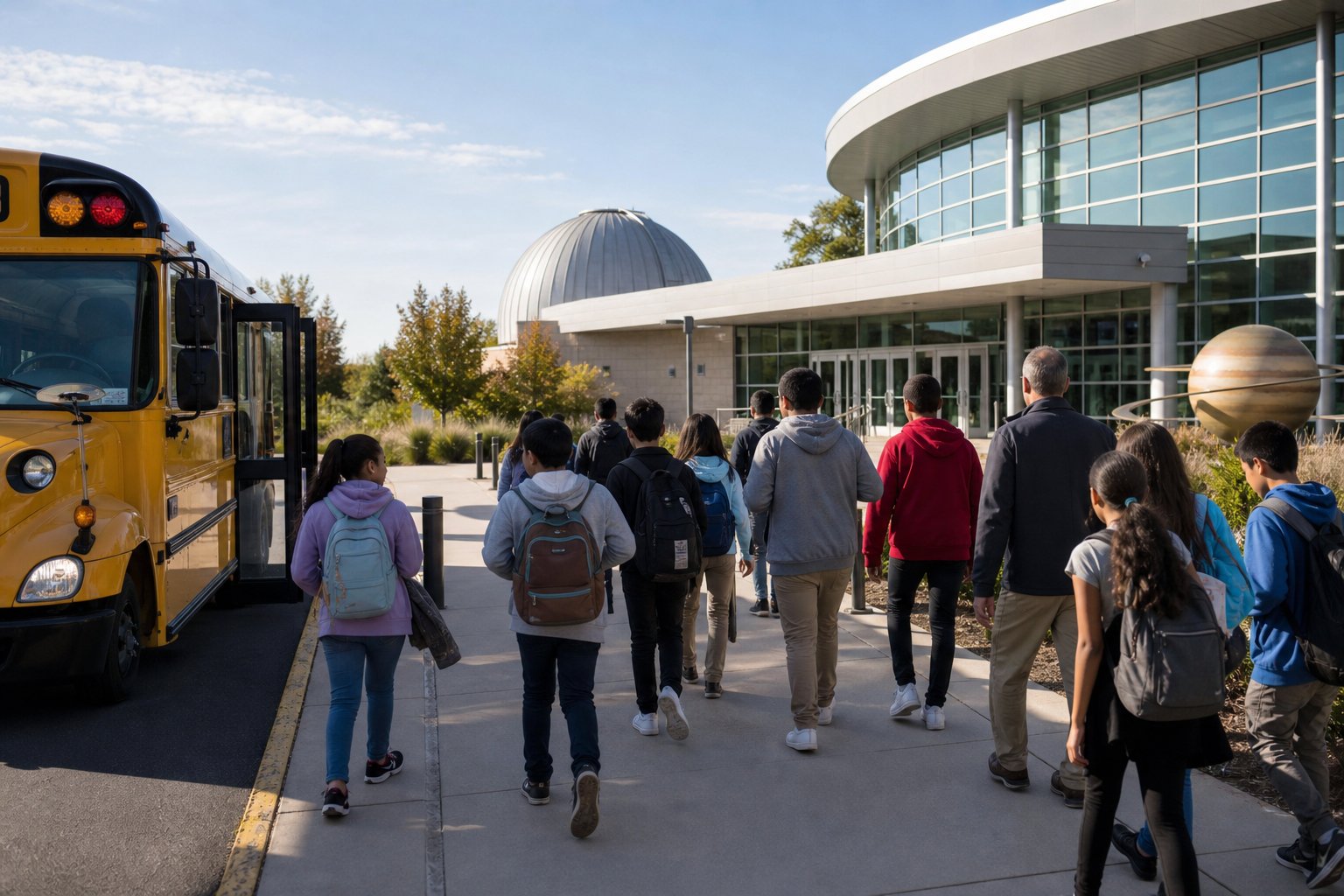 Middle school students arriving at a science museum for an educational field trip