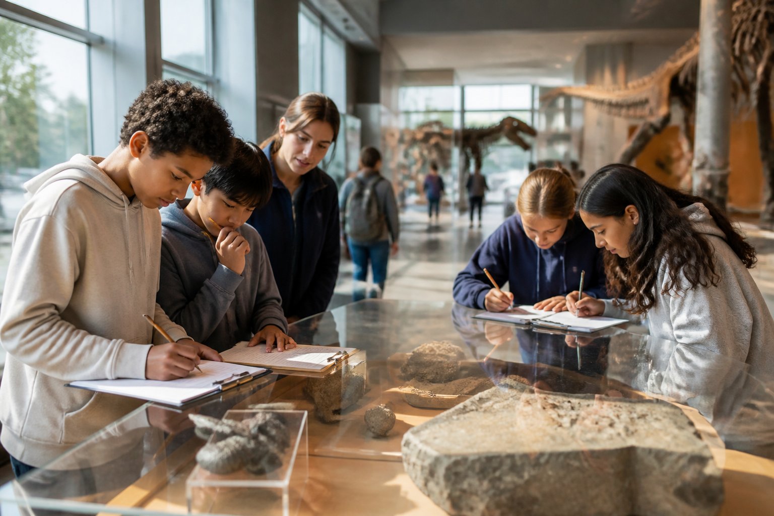 Middle school students completing an observation activity in a museum