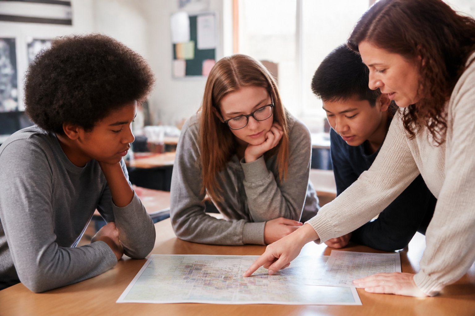Teacher and middle school students reviewing a map together