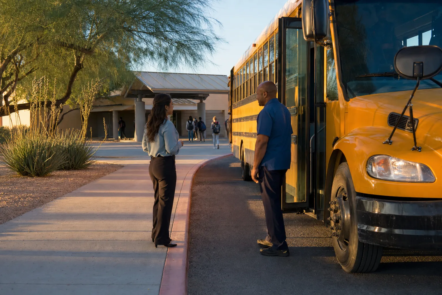 School staff discussing transportation plans together