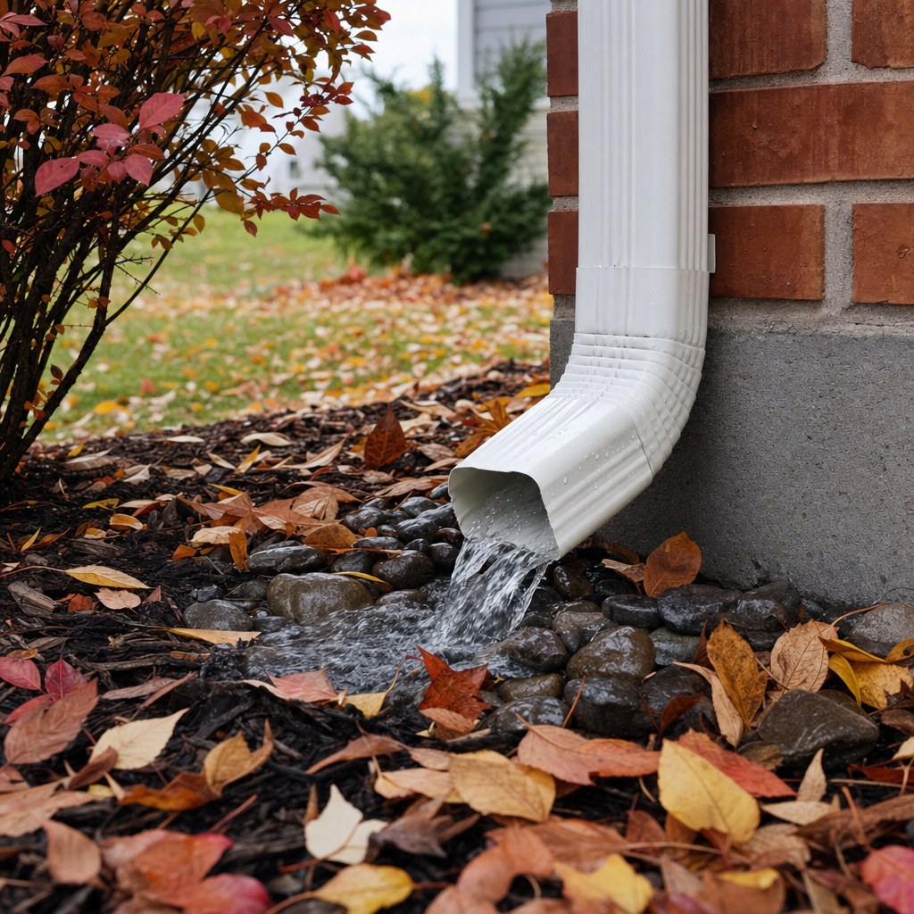 Downspout directing water away from a brick home foundation