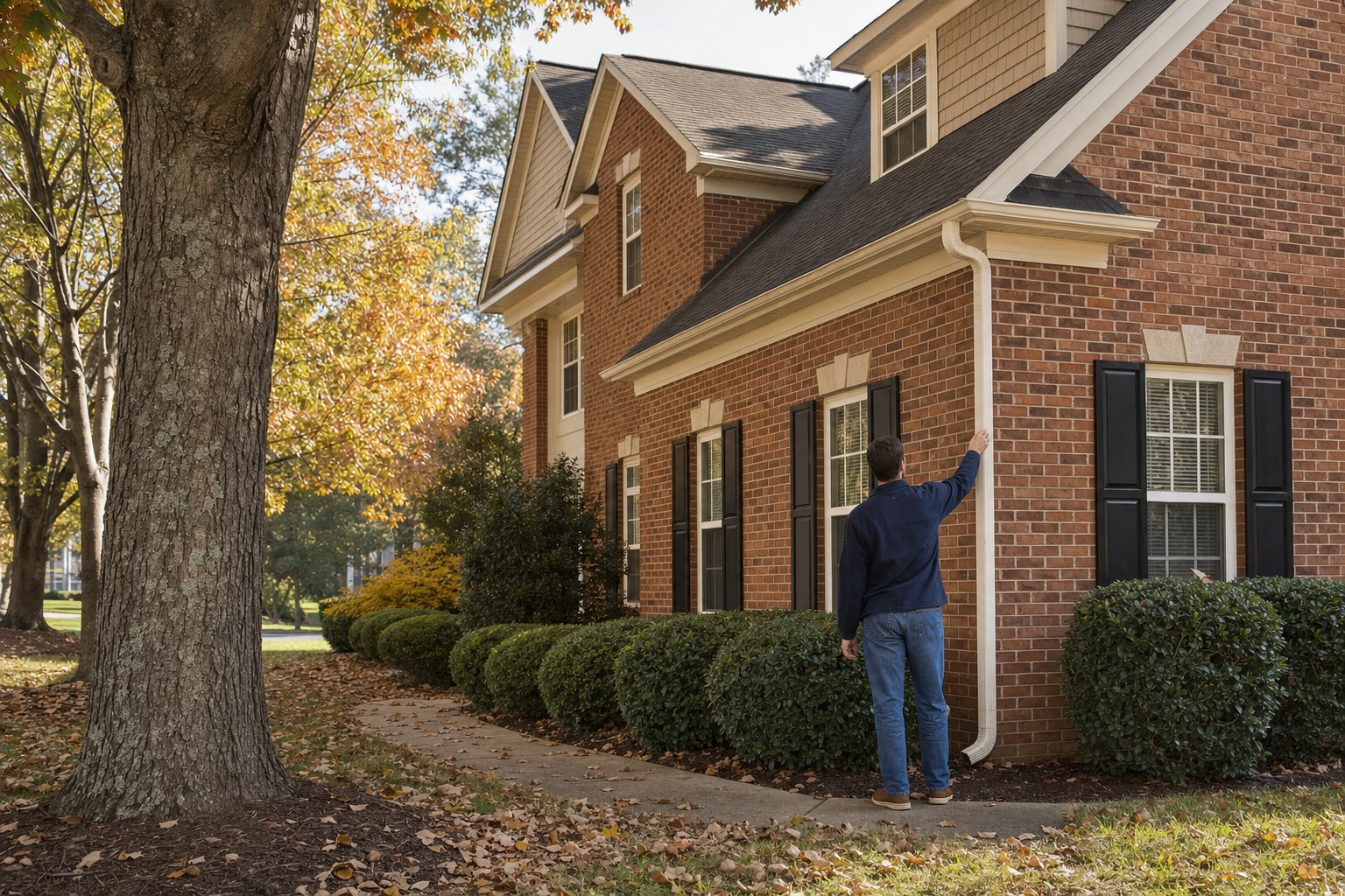 Homeowner checking a downspout at a brick Charlotte home in autumn