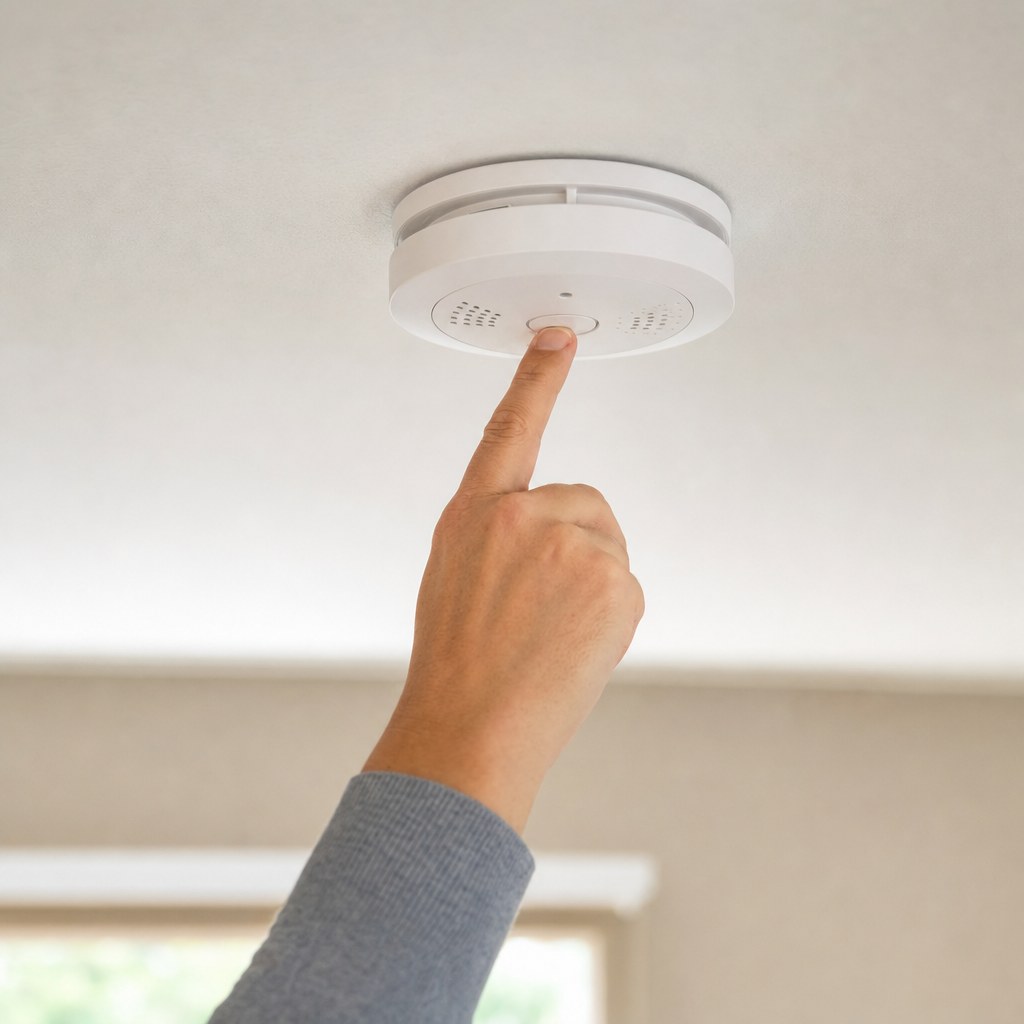 Hand testing a ceiling-mounted smoke and carbon monoxide alarm