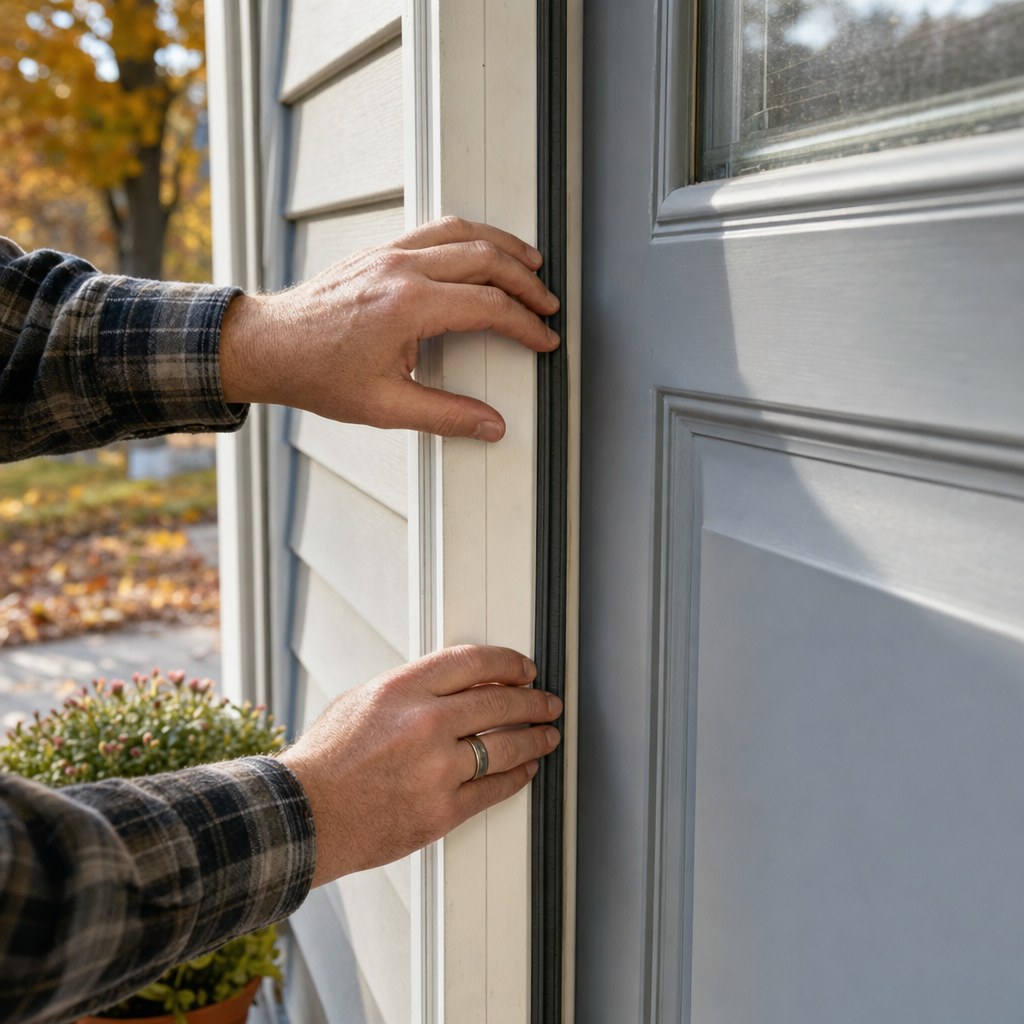 Homeowner checking weatherstripping around an exterior door