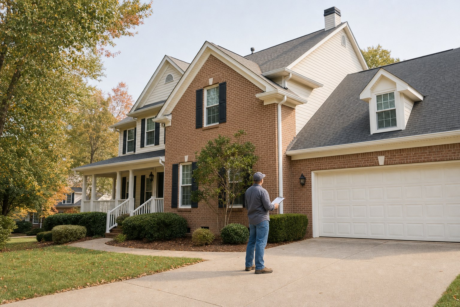 Charlotte homeowner reviewing a maintenance checklist outside a well-kept home