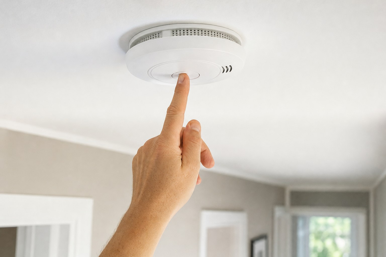 Homeowner pressing the test button on a ceiling smoke and carbon monoxide alarm
