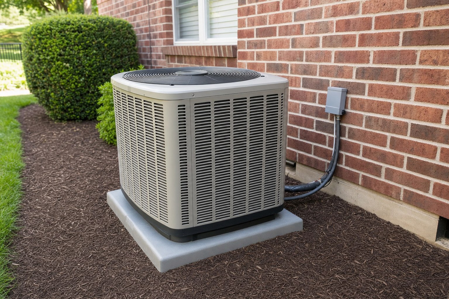 Clean outdoor air conditioning condenser with clear space around it beside a brick home