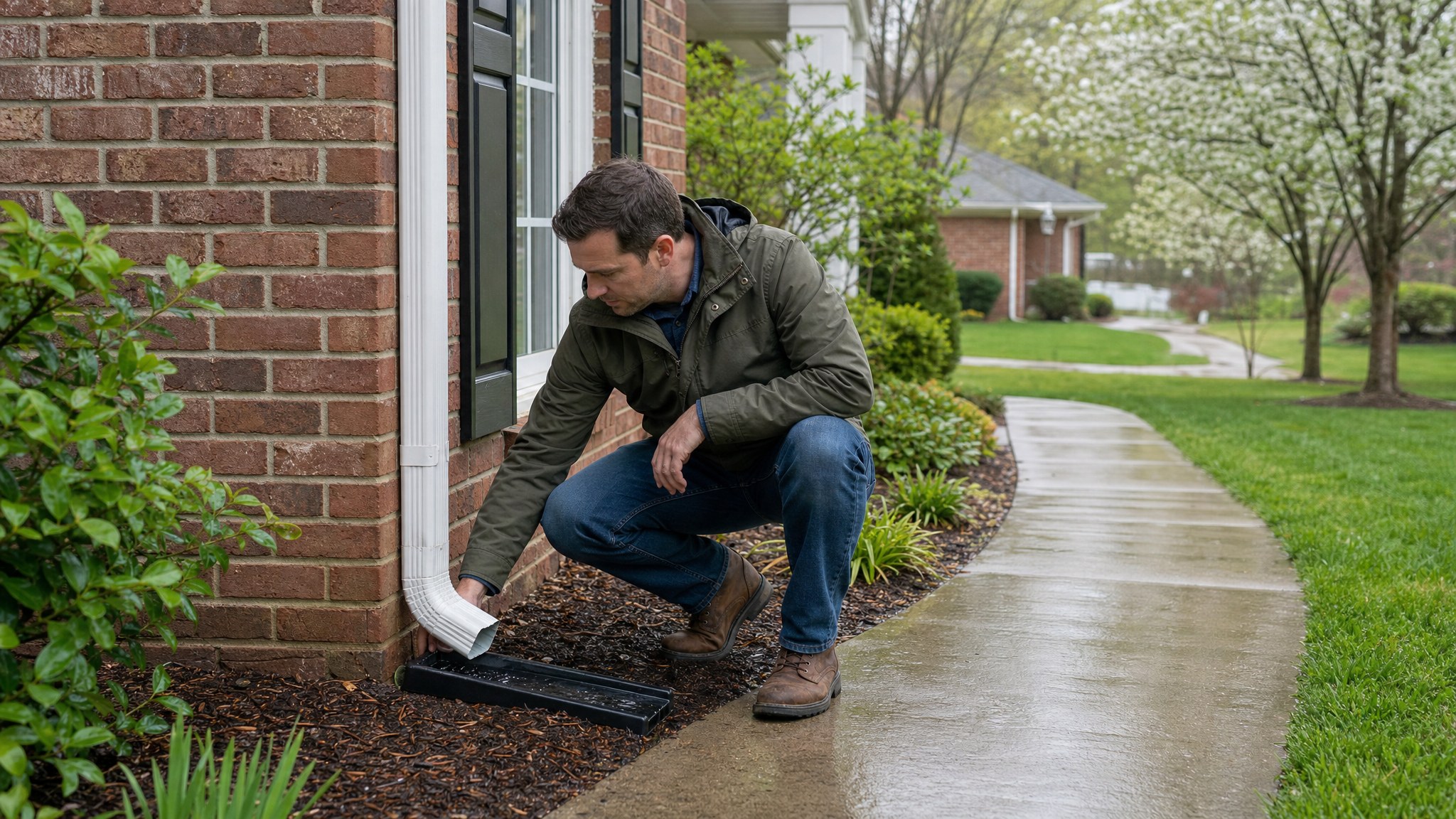 Charlotte homeowner checking a downspout beside a brick home after spring rain
