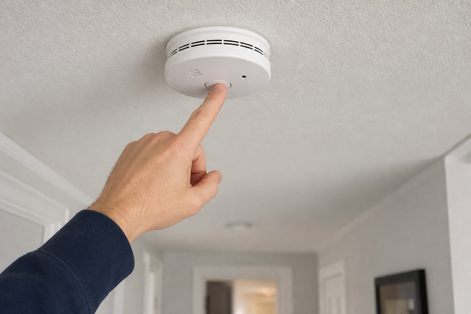 Hand testing a ceiling-mounted smoke and carbon monoxide alarm
