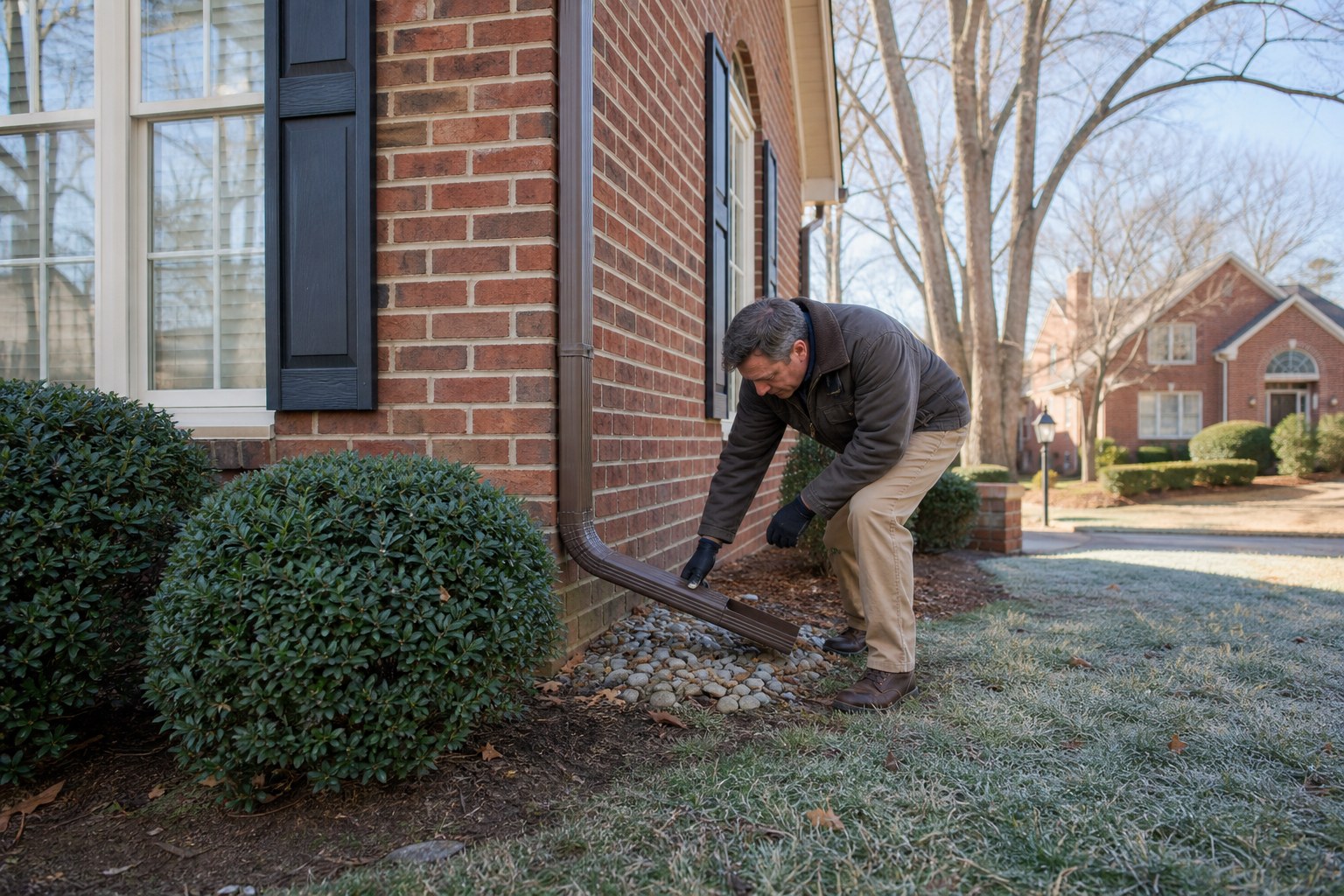 Homeowner checking a downspout beside a brick Charlotte home on a cold morning