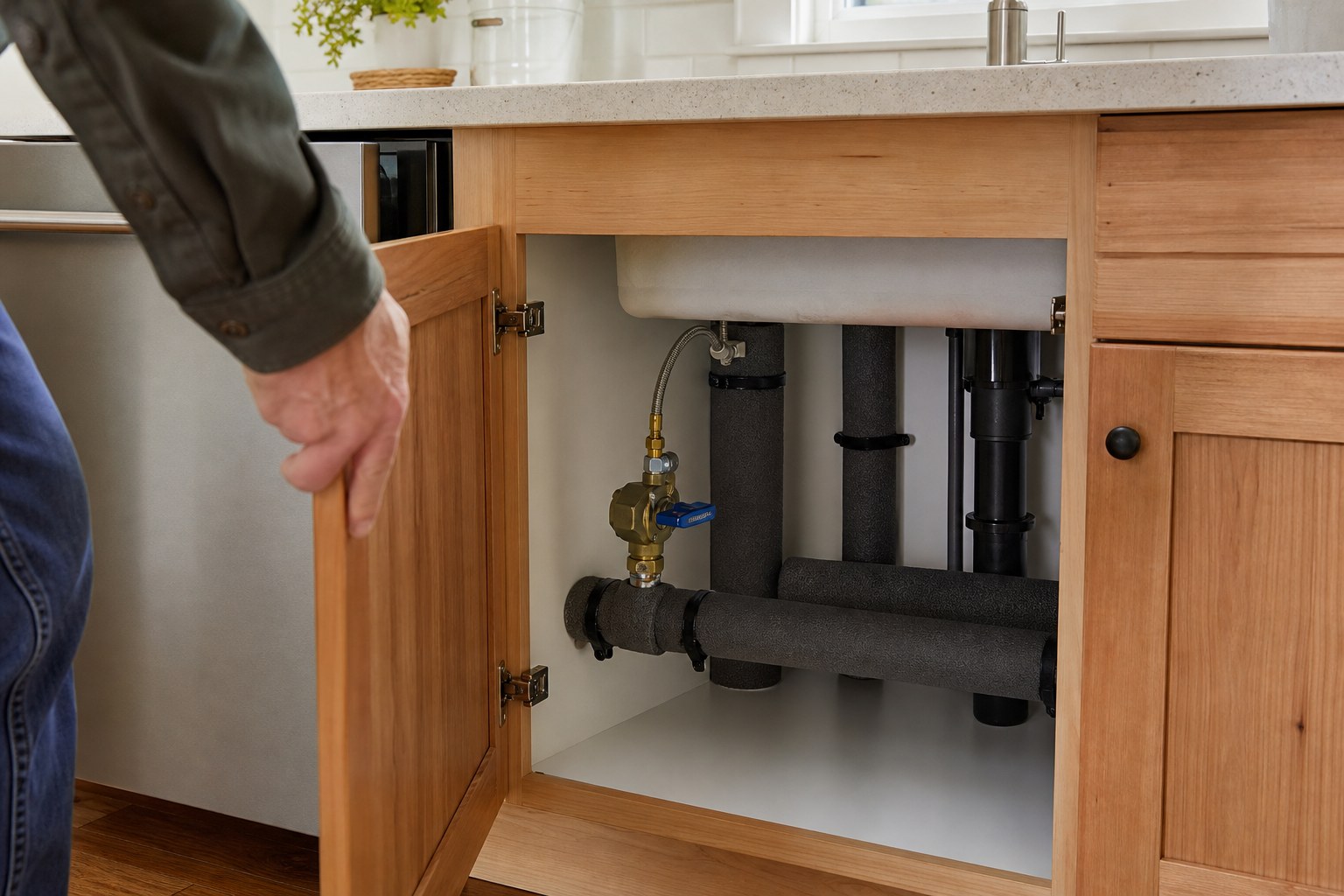 Insulated plumbing and a shutoff valve below a kitchen sink