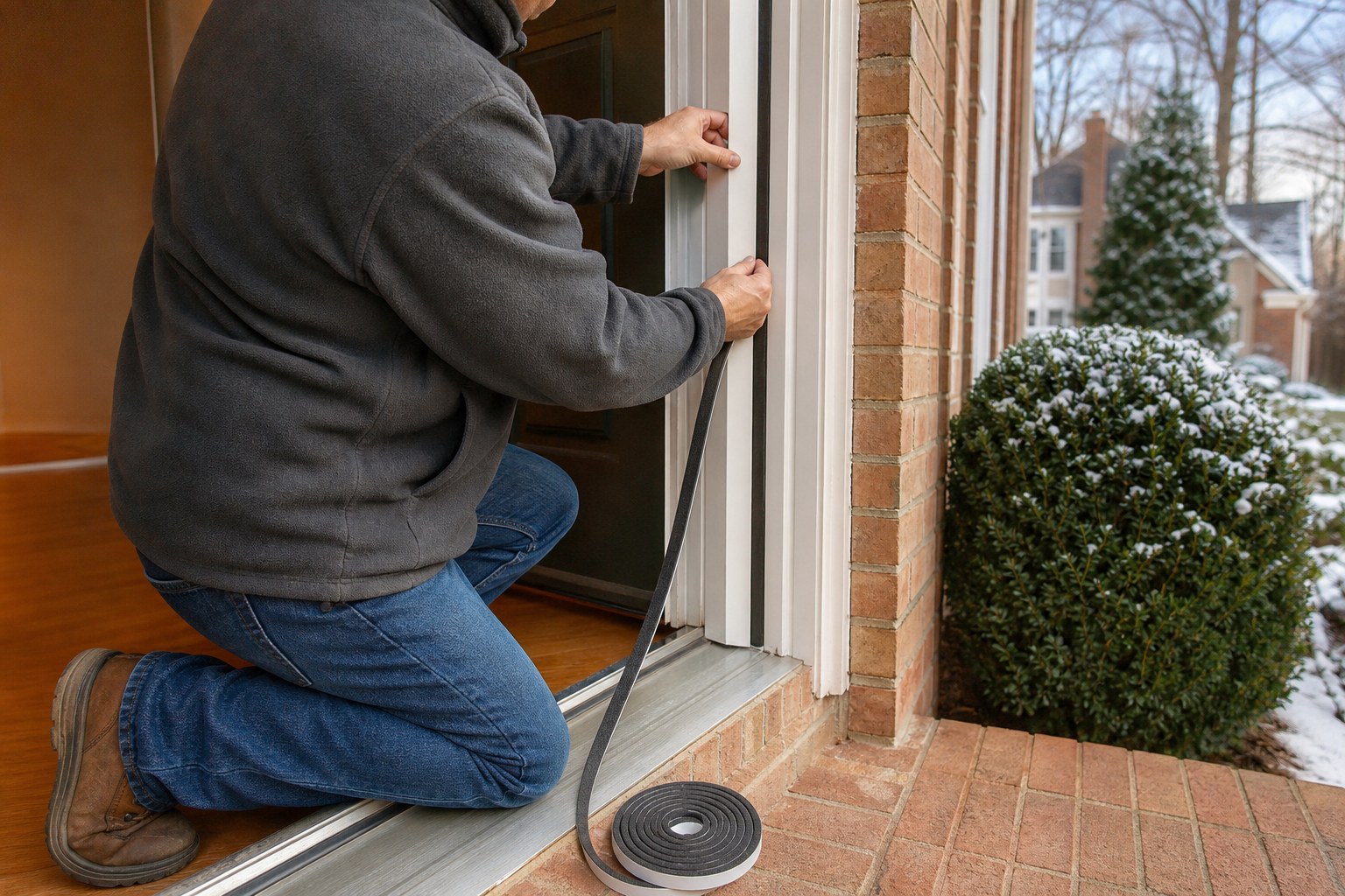 Homeowner fitting weatherstripping around an exterior door
