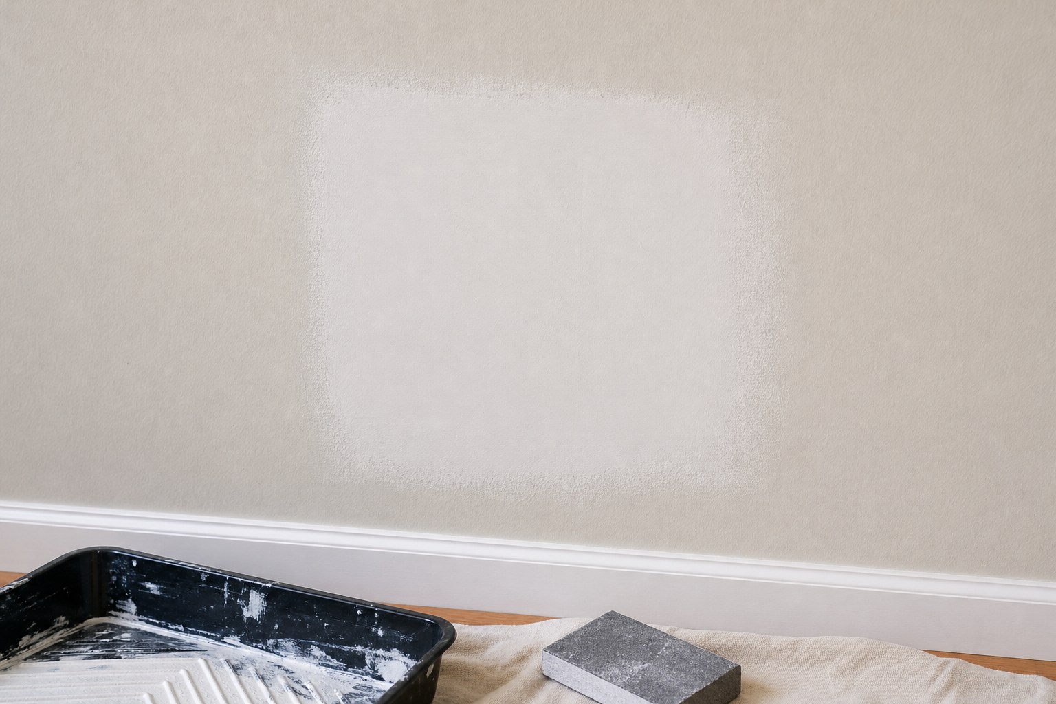Freshly repaired drywall patch on a light interior wall