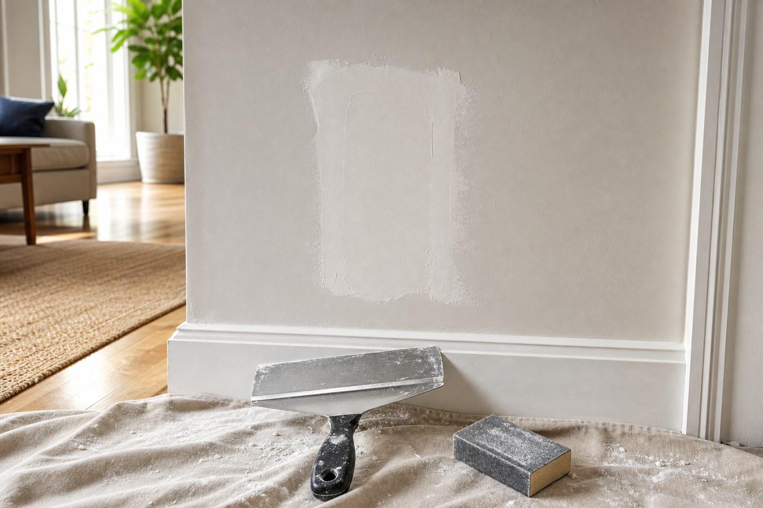 Drywall finishing tools beside a prepared interior wall repair