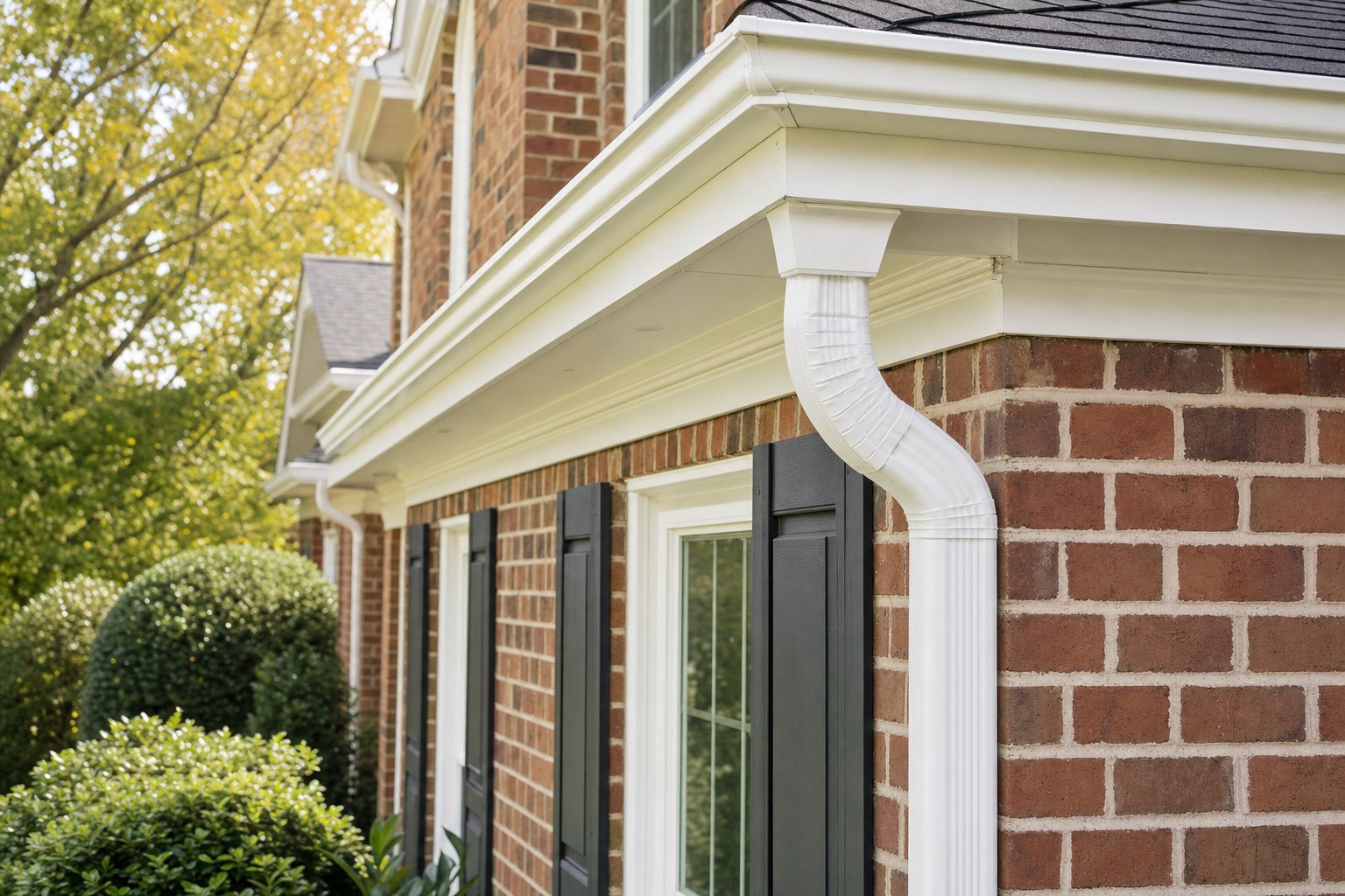 Clean rain gutter and downspout along a well-kept Charlotte home