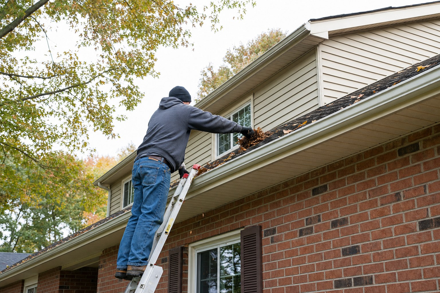Handyman clearing leaves from a rain gutter at a Charlotte home