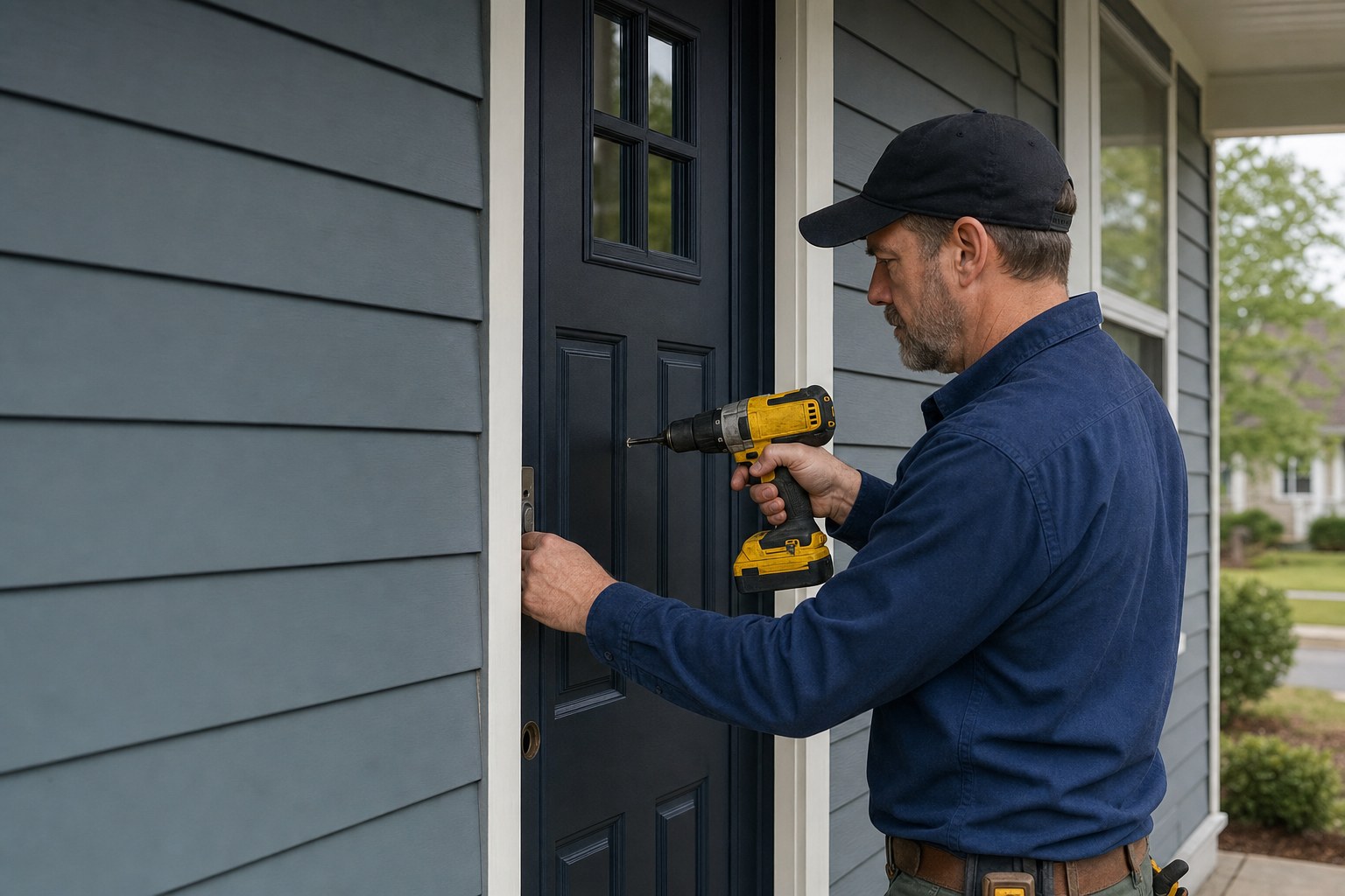 Handyman installing a front door