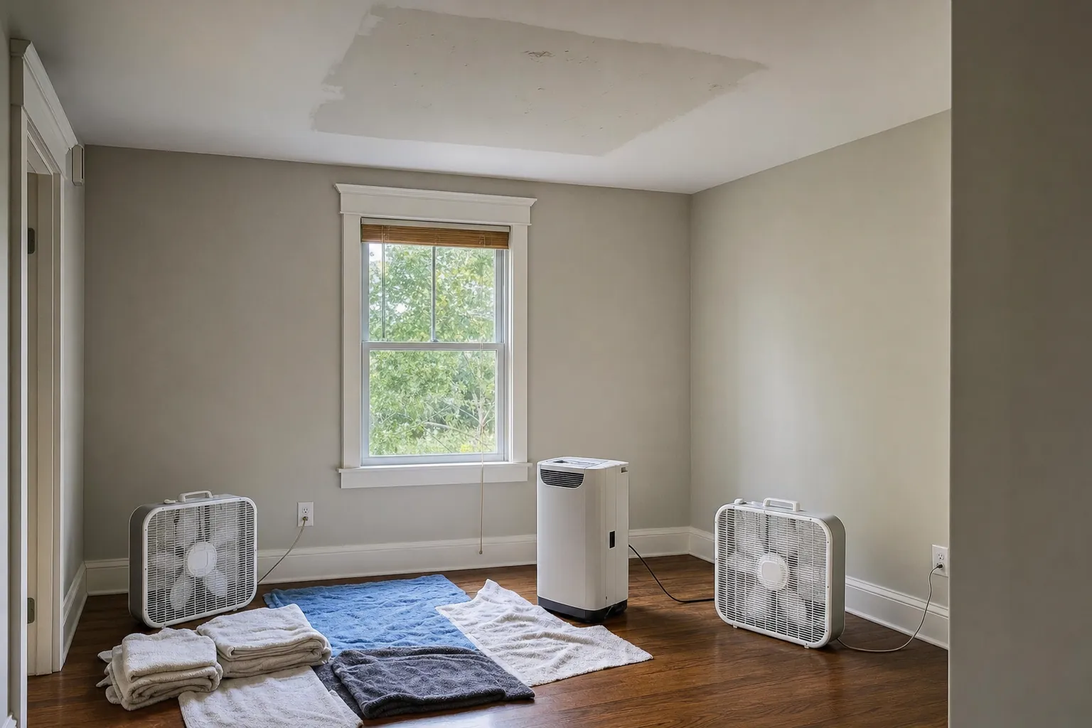 Home room with fans and a dehumidifier below a ceiling repair area