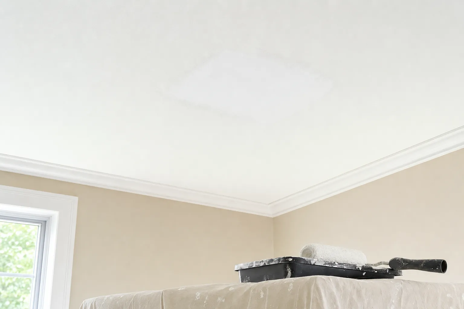 Cleanly repaired white ceiling with painting supplies below