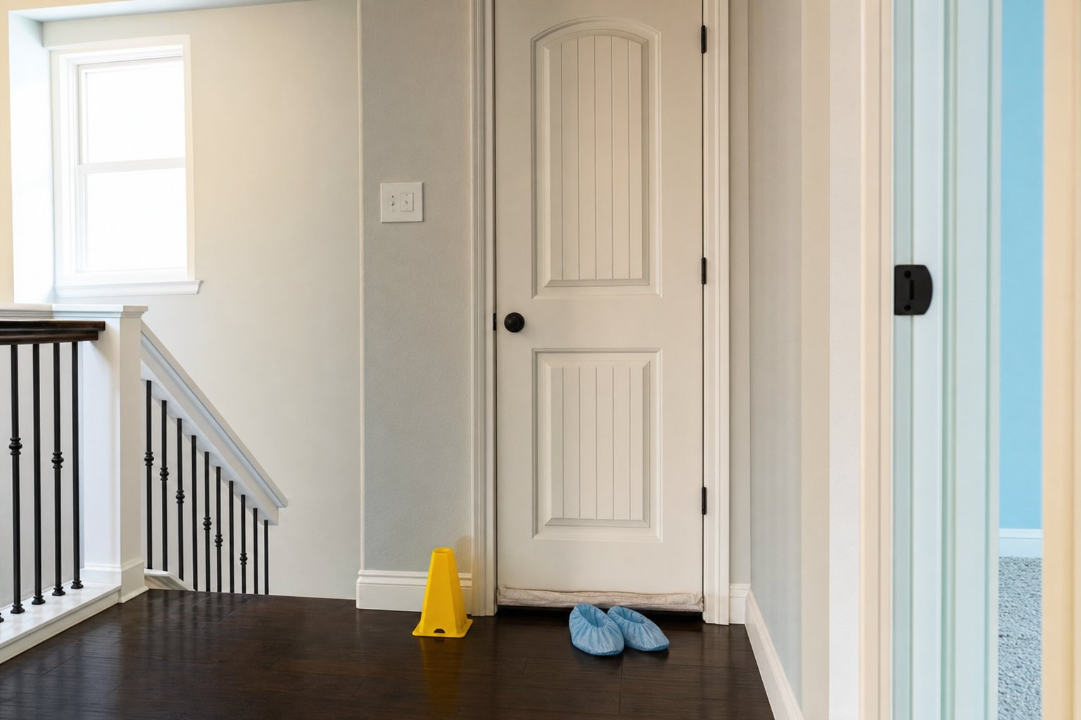 Closed bathroom door with a caution cone outside during water cleanup