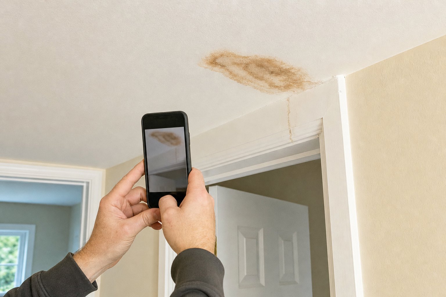 Homeowner taking a photo of a water stain on a ceiling