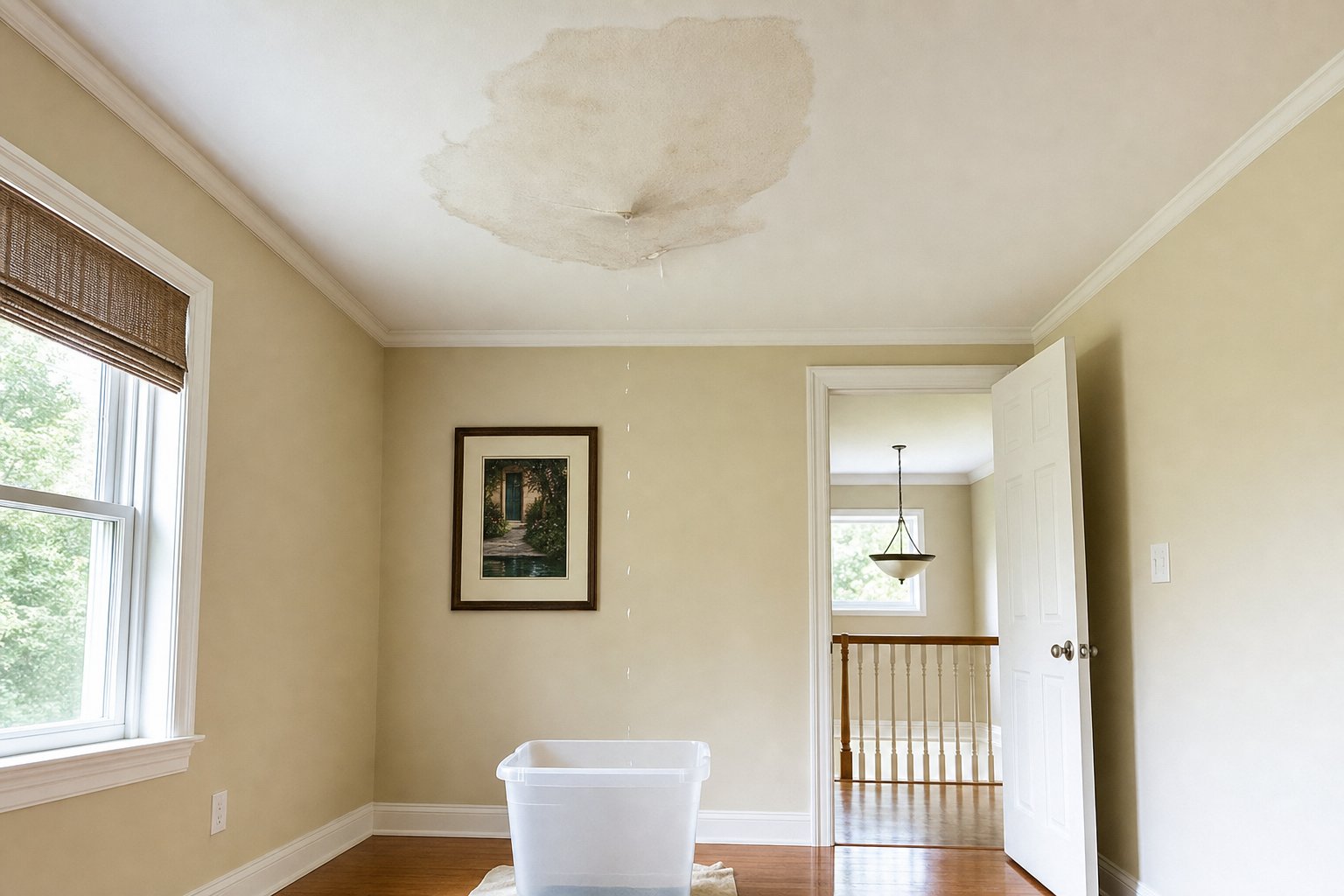 Water stain on a downstairs ceiling below an upstairs bathroom