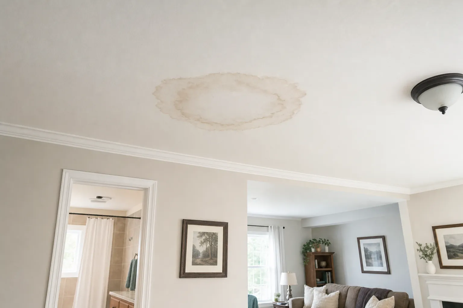 Ring-shaped water stain on a white ceiling near an upstairs bathroom