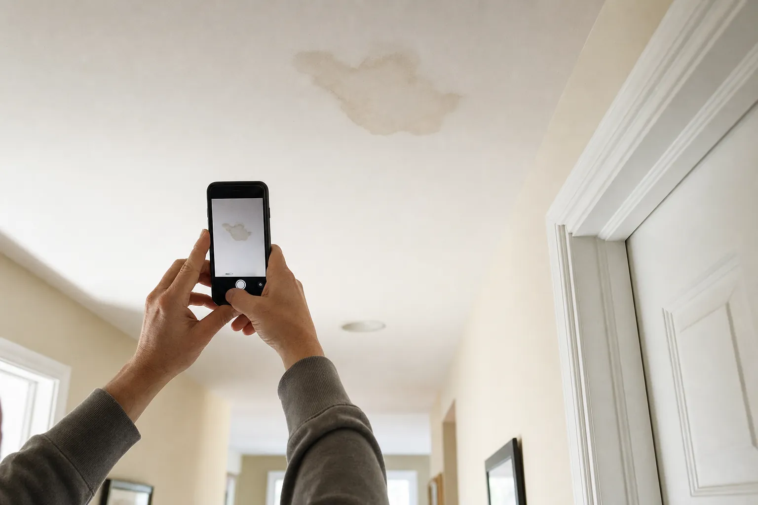 Homeowner photographing a ceiling water stain from the floor