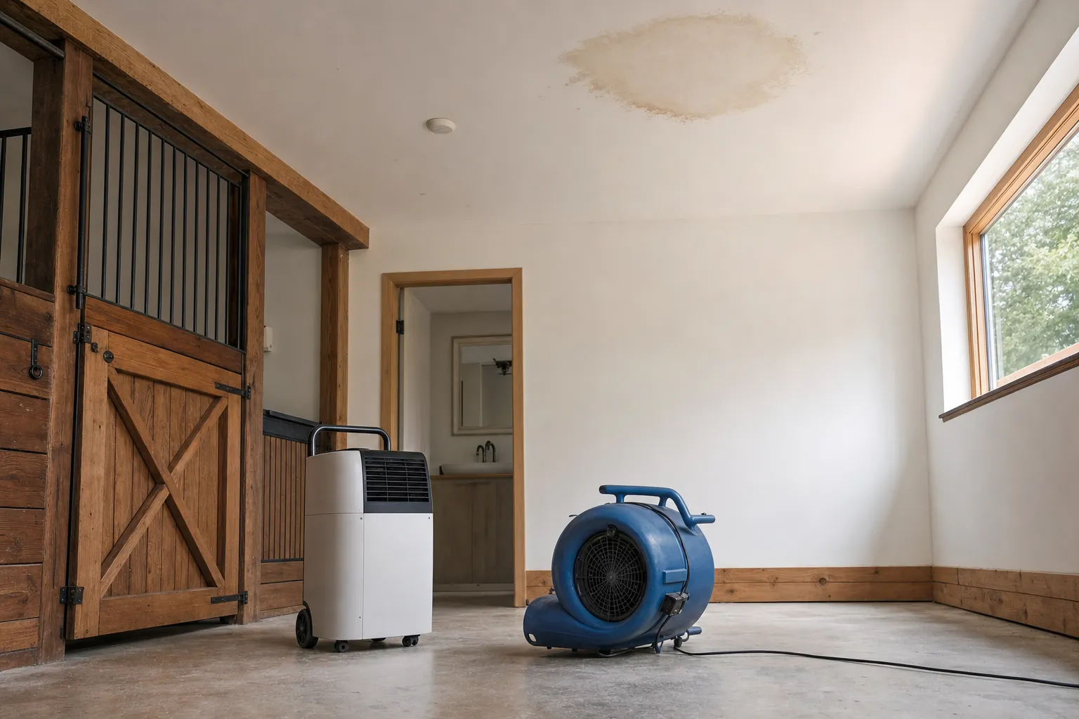 Dehumidifier and air mover drying a stable room below a ceiling stain