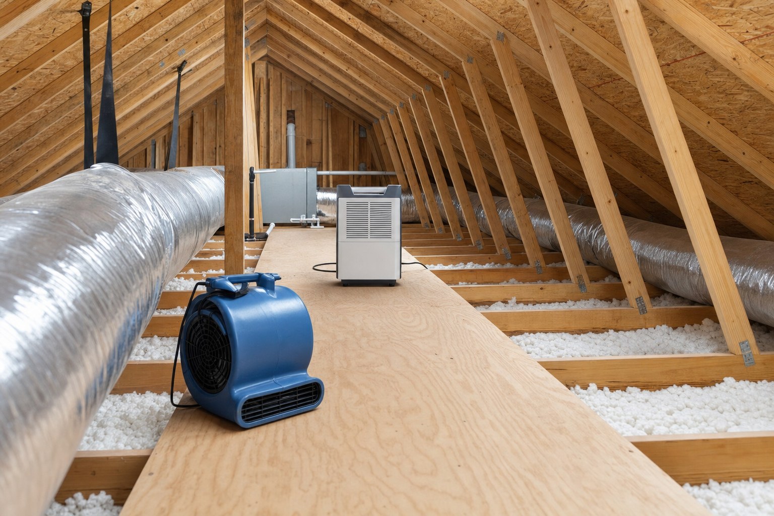 Drying equipment placed on a stable attic walkway after the water source has been controlled