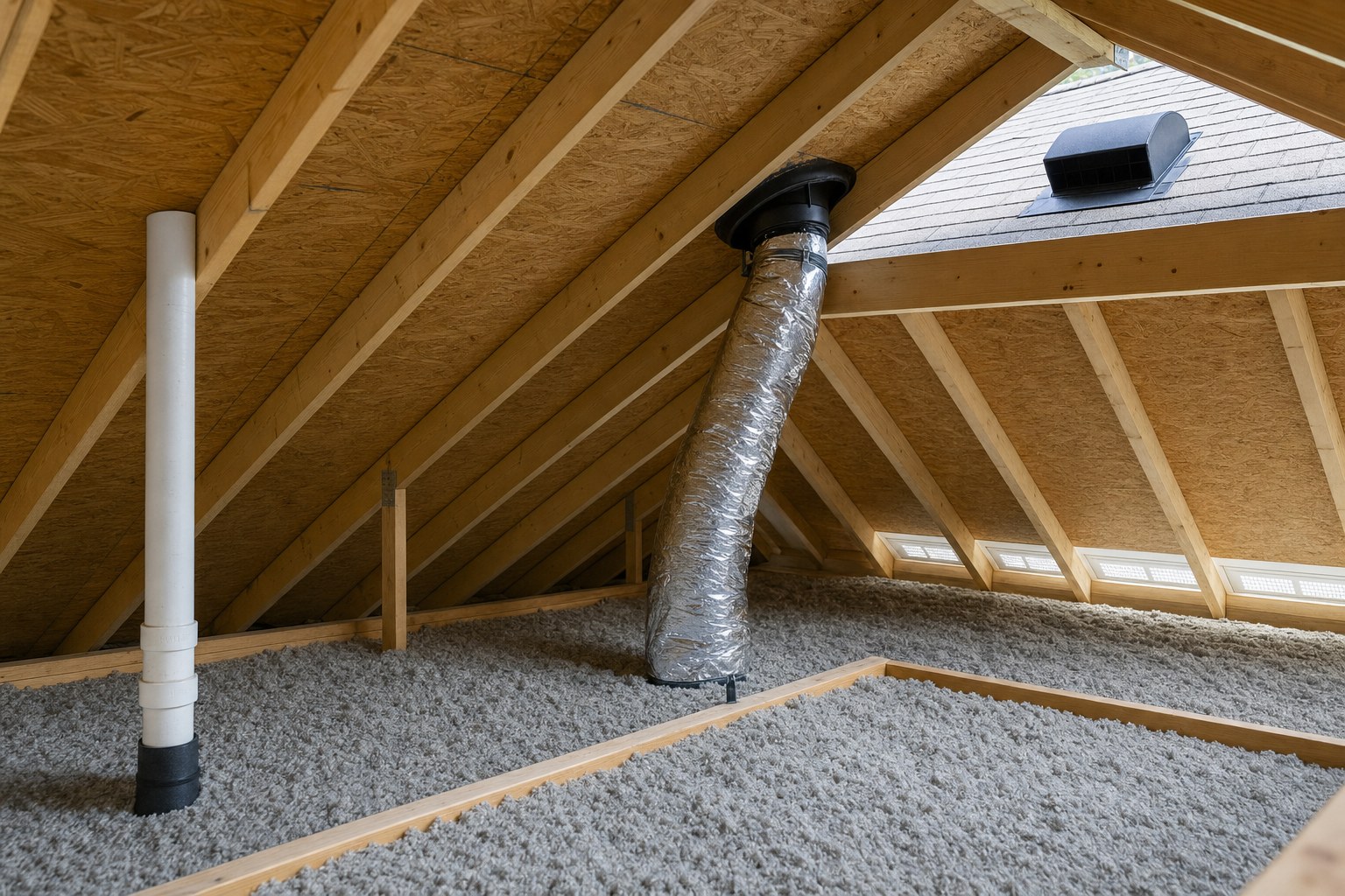 Residential attic with an insulated exhaust duct connected to a roof vent and clear soffit ventilation
