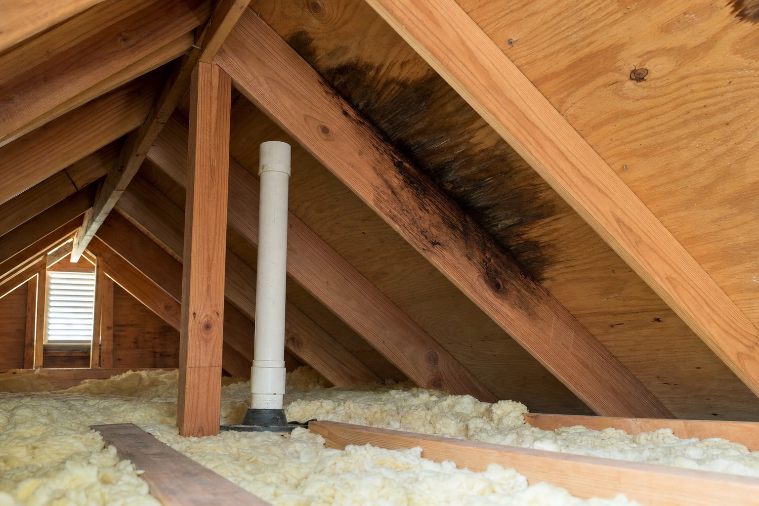 Water staining on roof sheathing above insulation in a residential attic