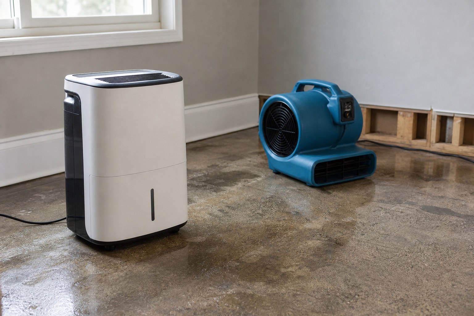 Dehumidifier and air mover drying a stable room after a small water leak