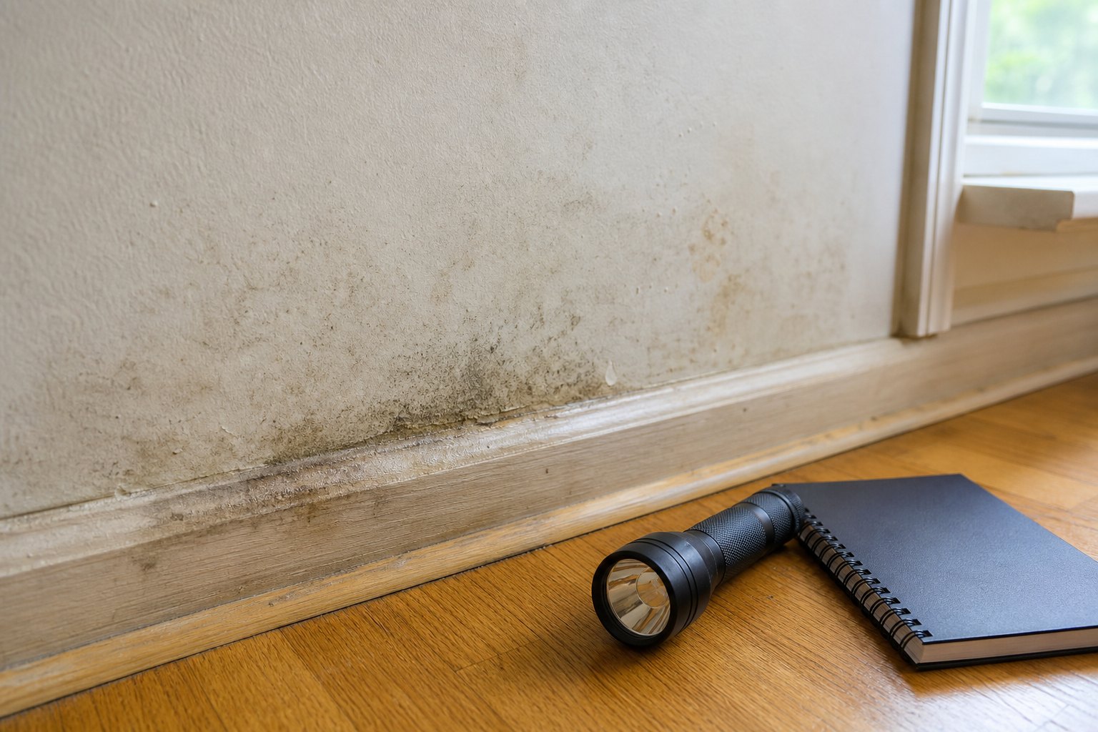 Subtle mold spotting and water staining along a home baseboard