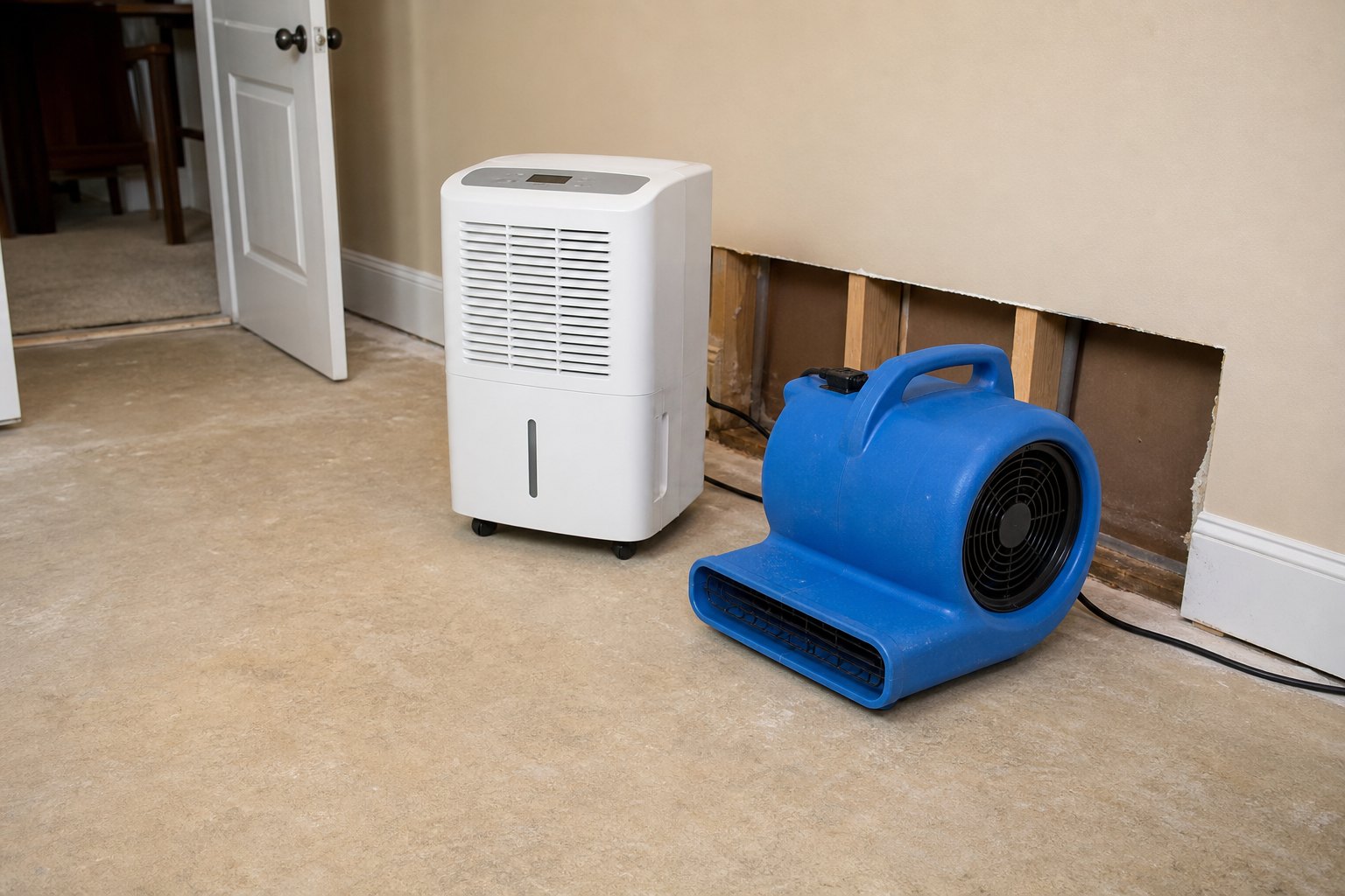 Dehumidifier and air mover set up in a stable room after a minor water leak