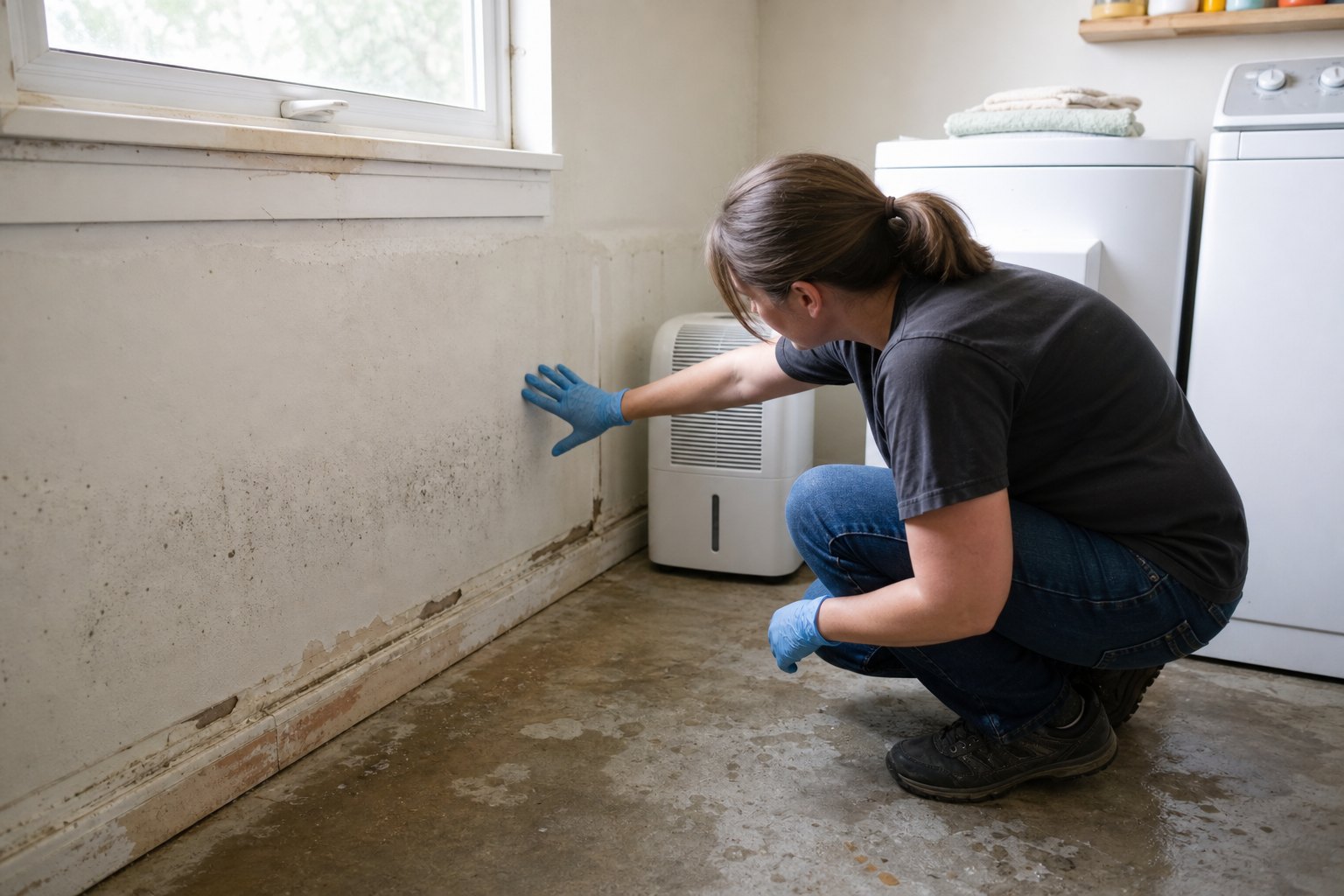 Homeowner safely inspecting a water-stained laundry-room wall near a dehumidifier