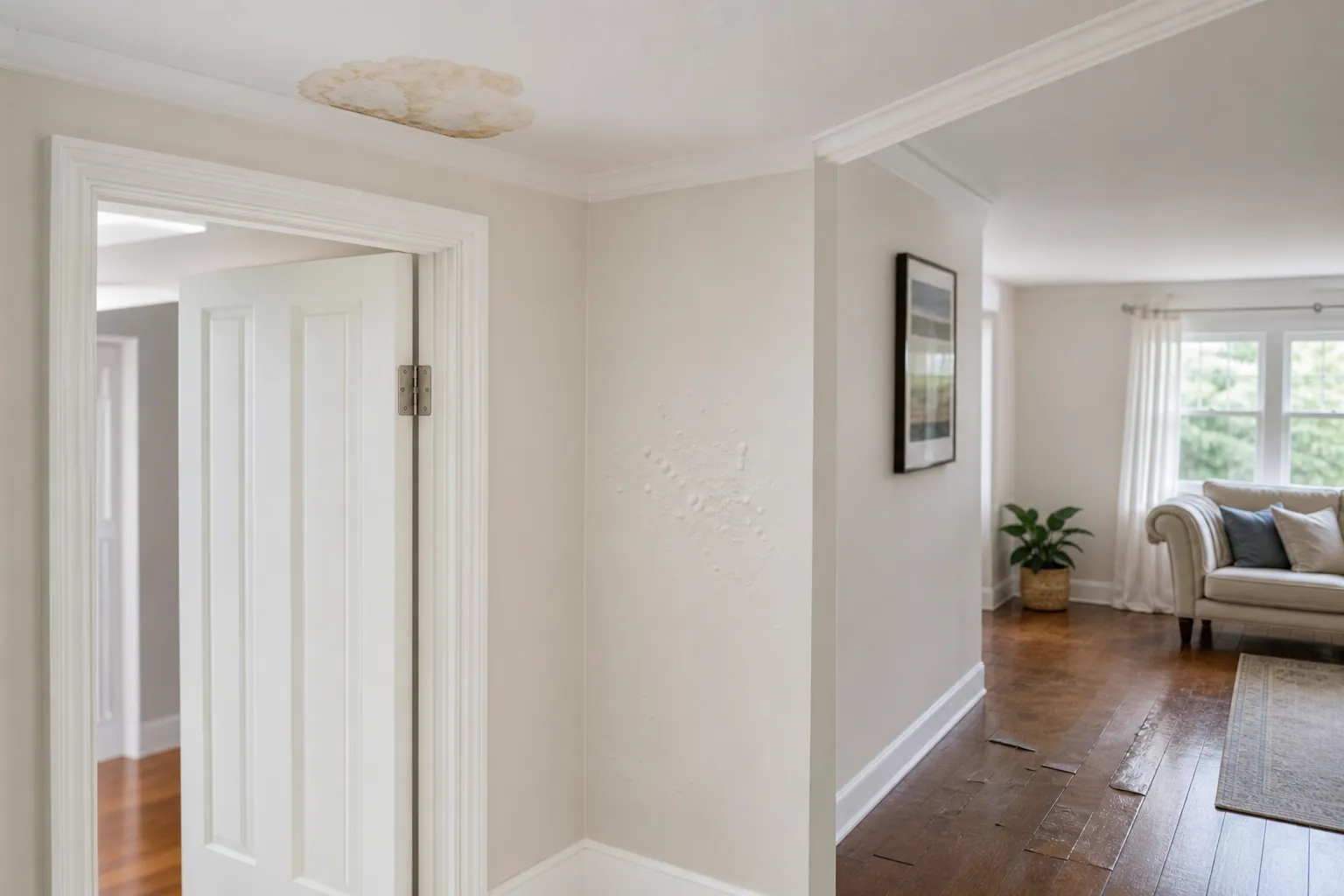 Home interior showing a ceiling stain, bubbled wall surface, and damaged wood flooring
