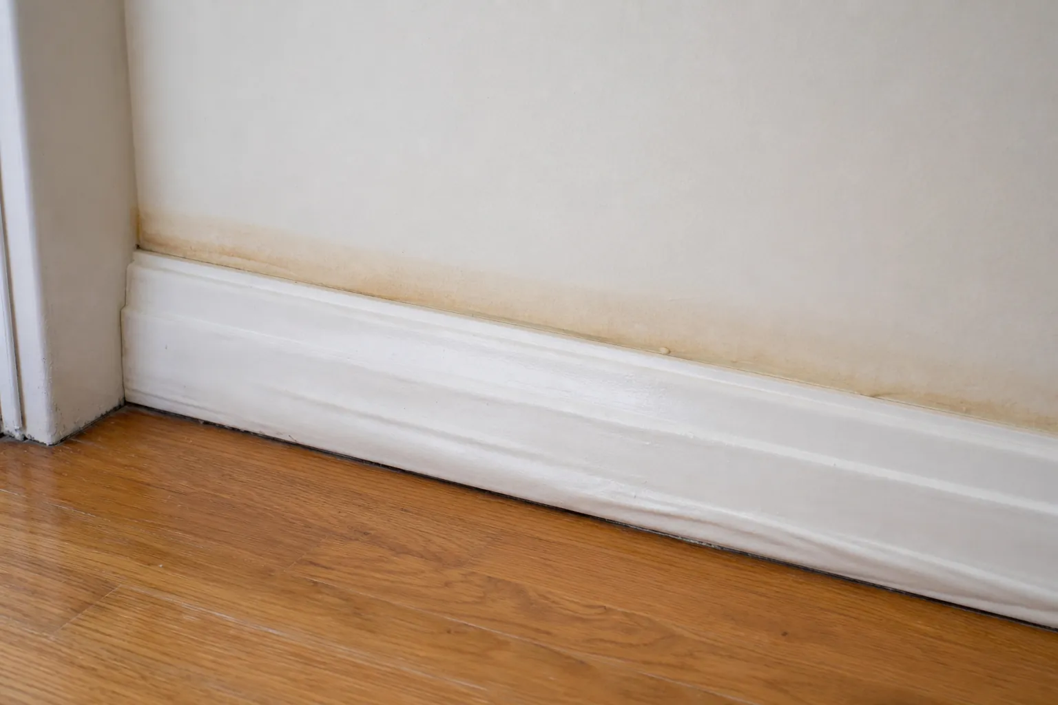 Discoloration and moisture damage along a painted baseboard