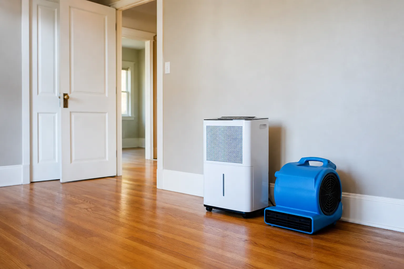 Dehumidifier and air mover drying a stable room after a small water leak