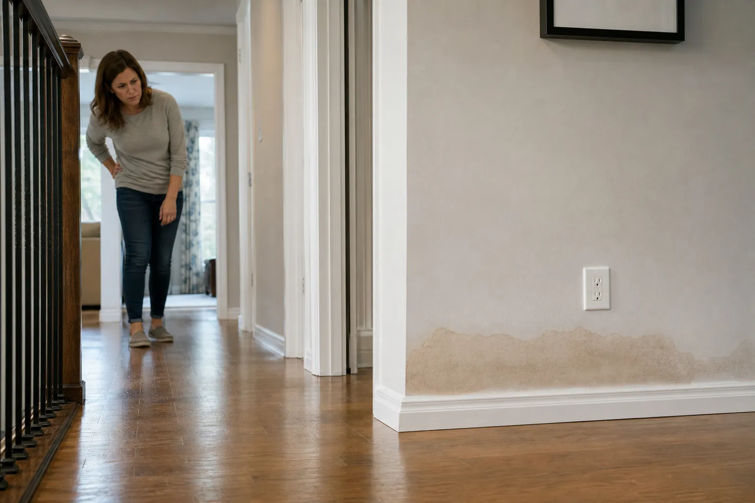 Homeowner noticing water damage along a hallway wall