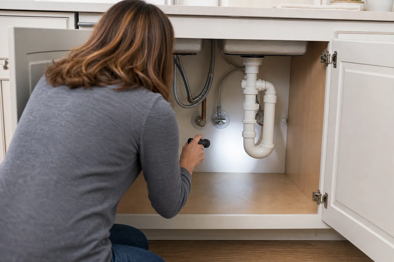 Homeowner safely inspecting plumbing inside an under-sink cabinet with a flashlight
