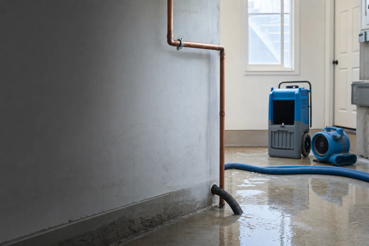Water extraction hose and drying equipment beside a stopped copper pipe in a wet utility room.