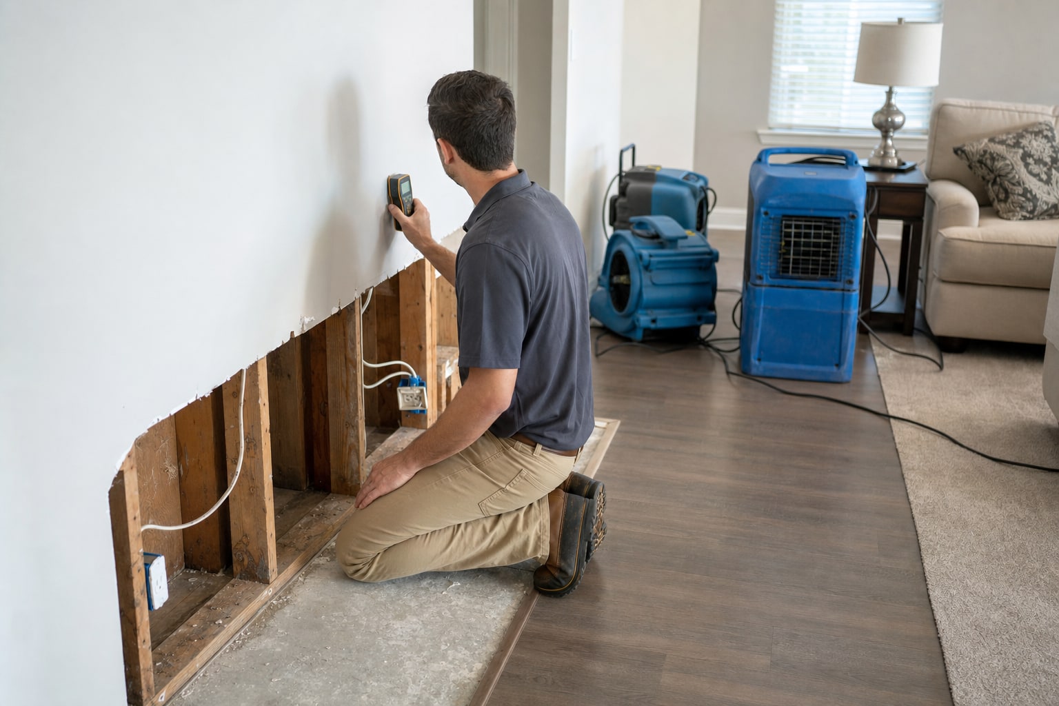 A restoration professional checks a water-damaged wall before repair work begins.