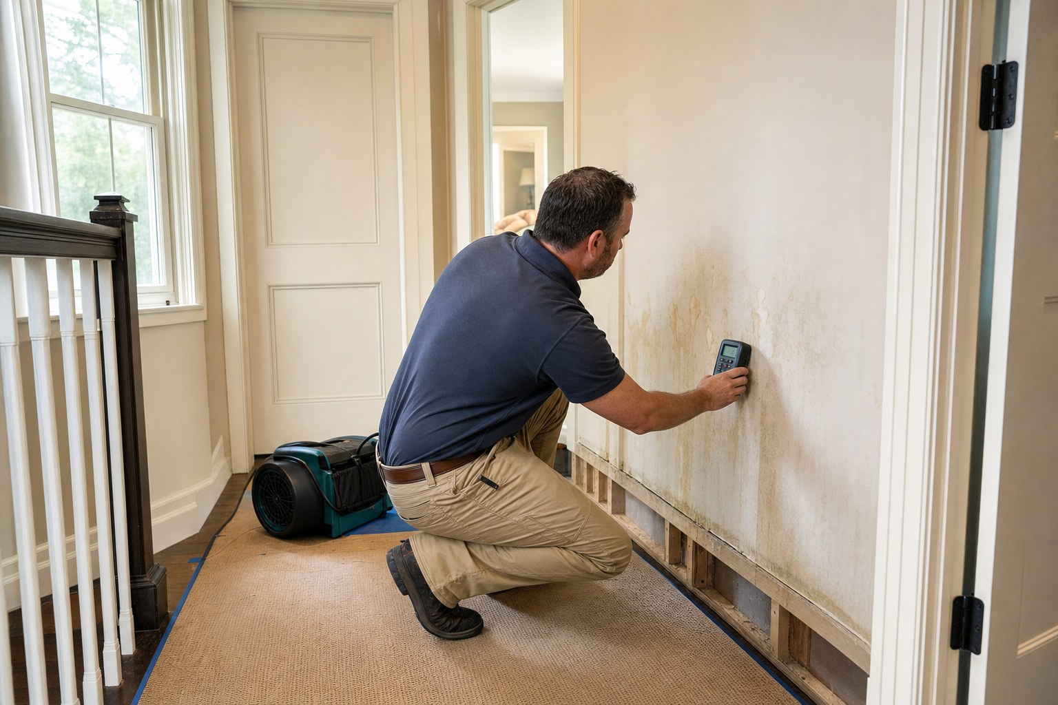 A restoration professional uses a moisture meter on a water-stained wall in a home.
