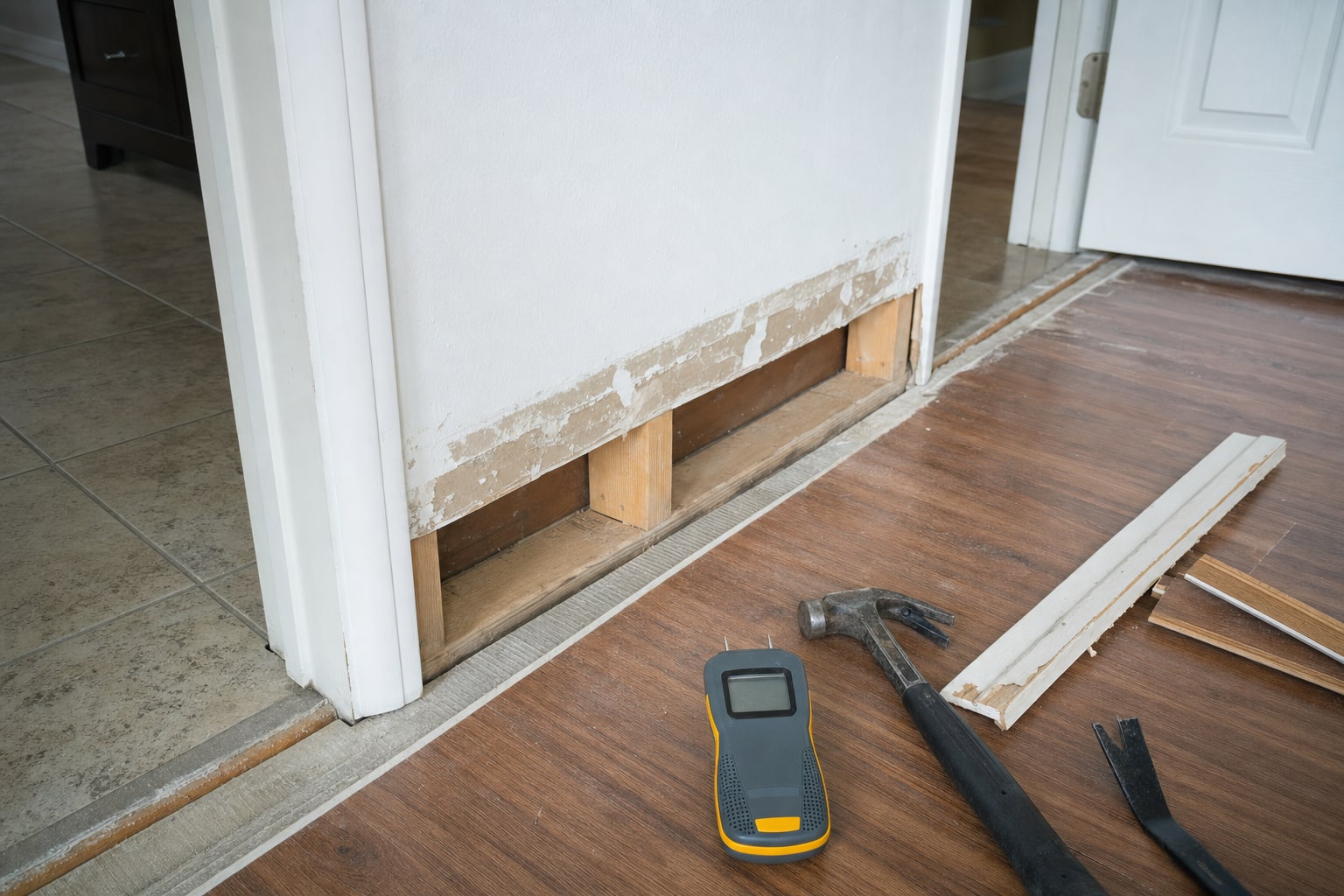An opened wall and flooring transition being evaluated before flood damage repairs.