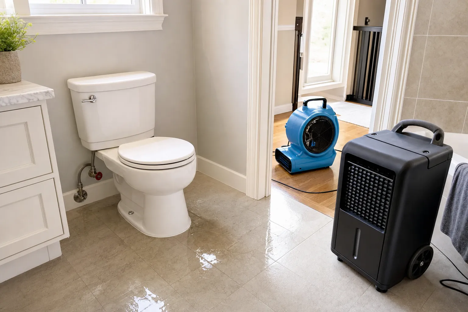 A stopped toilet overflow in a residential bathroom with drying equipment nearby.