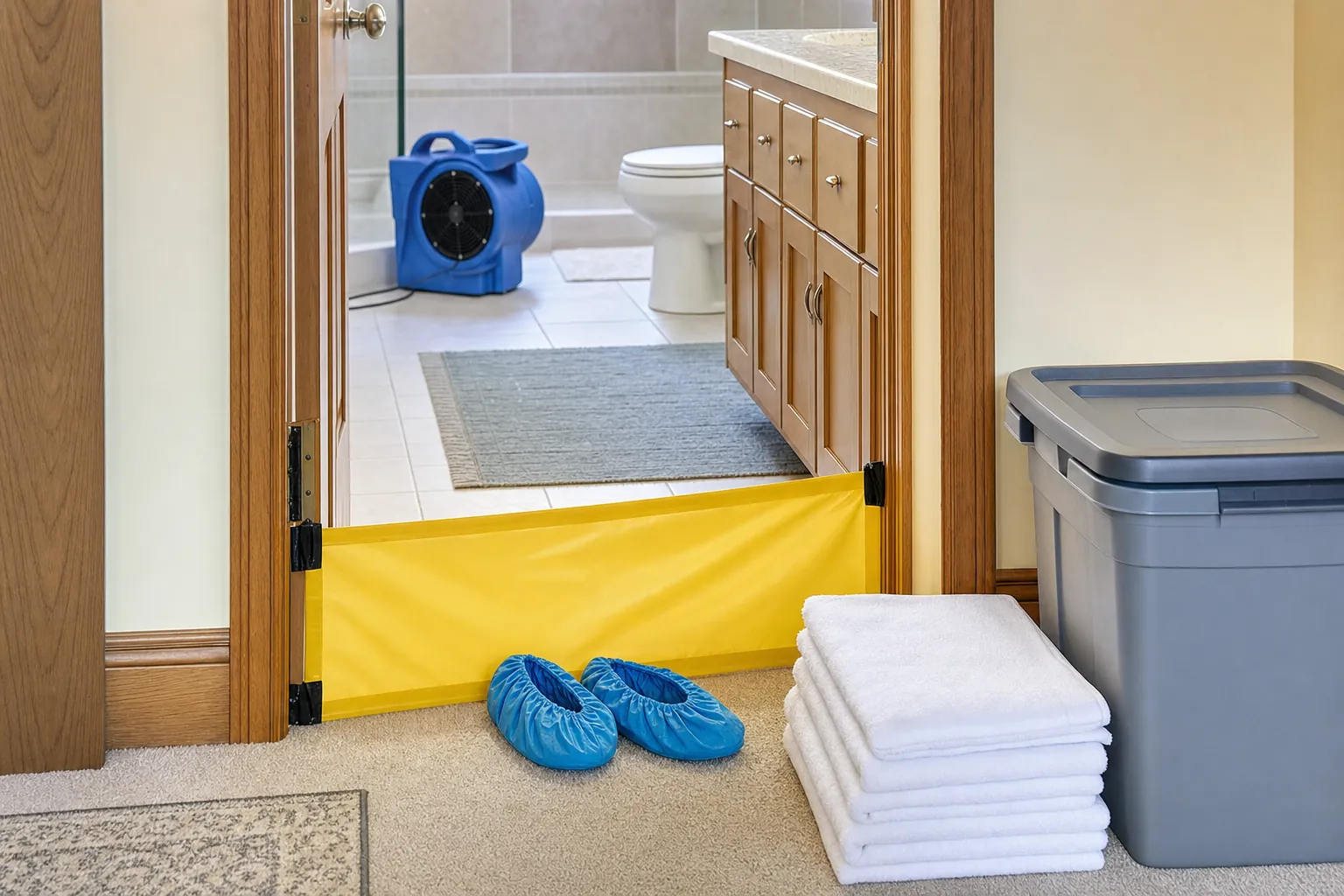 A contained bathroom doorway with shoe covers and clean towels kept outside the affected room.
